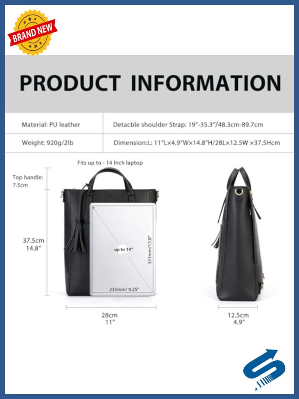 Vegan Leather Convertible Tote Backpack Laptop Bag - Picture 2 of 6
